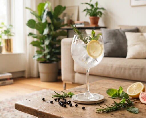 Een glas gin-tonic met een citroentje staat op een tafel in een woonkamer met een bank op de achtergrond en wat jeneverbessen en citroen partjes op de tafel. 